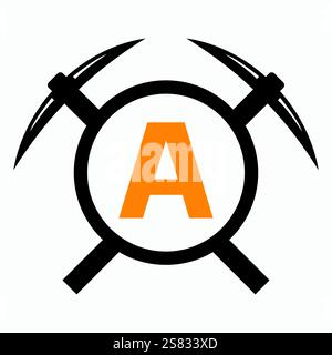Anfangsbuchstabe A Mining Logo kombiniert mit Pickaxe Symbol Vector Template Stock Vektor