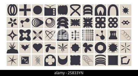 Geometrischer modularer Formsatz. Set mit abstrakten, brutalistischen Elementen in quadratischen Blöcken. Mosaikmuster. Neo Geo Vektor flache Sammlung Illustration isola Stock Vektor