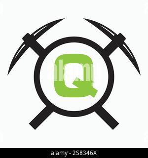 Initial Letter Q Mining Logo kombiniert mit Pickaxe Symbol Vector Template Stock Vektor