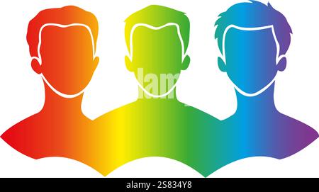 Buntes Vektor-Logo von drei menschlichen Silhouetten in Regenbogentönen, das Vielfalt, Gleichheit, LGBTQ-Stolz und Einheit der Gemeinschaft symbolisiert Stock Vektor