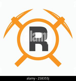 Initial Letter R Mining Logo kombiniert mit Pickaxe Symbol Vector Template Stock Vektor