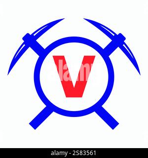 Initial Letter V Mining Logo kombiniert mit Pickaxe Symbol Vector Template Stock Vektor