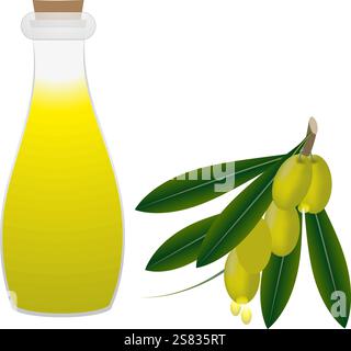 Flasche Olivenöl und Zweig Oliven. Stock Vektor