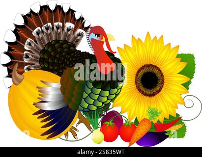Truthahn mit Gemüse am Thanksgiving-Tag. Stock Vektor