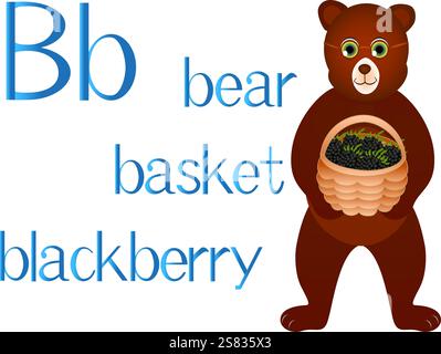 Illustration für Kinder das englische Alphabet mit Zeichentrickbär mit Korb. Der Buchstabe B. Stock Vektor