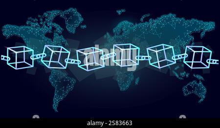 Blockchain Würfel Kette Symbol square Code. Big Data international fließen. Blue neon leuchtenden Planeten Erde Karte. Cryptocurrency Finanzen bitcoin Business Stock Vektor