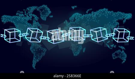Blockchain Würfel Kette Symbol square Code. Big Data international fließen. Blue neon leuchtenden Planeten Erde Karte. Cryptocurrency Finanzen bitcoin Business Stock Vektor