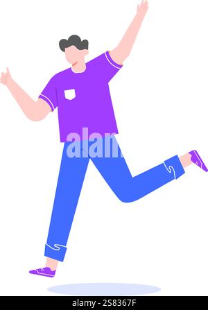 Glücklicher Mann, der läuft, Daumen nach oben macht und Arme hebt, Sieg, Erfolg, Freiheit oder gute Nachrichten feiert, bunter flacher Vektor Stock Vektor