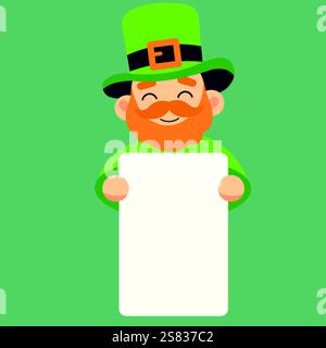 Leprechaun hält ein leeres Blatt Papier. Vektorillustration für St. Patrick's Day Stock Vektor