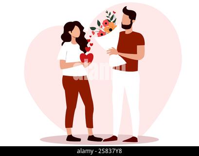 Paare feiern Valentinstag mit Blumen und Herzsymbolen in einer romantischen Vektor-Illustration Stock Vektor