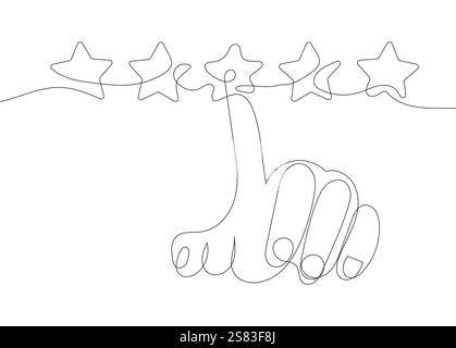 Durchgehende Vektorillustration mit fünf Sternen und einer menschlichen Hand, die auf die Sterne klickt, symbolisiert eine Produktbewertung und -Bewertung. Stock Vektor
