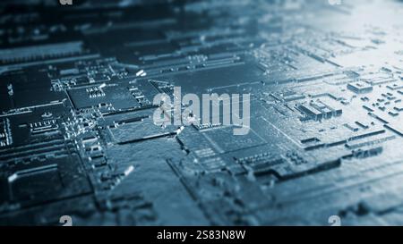 Makroansicht einer Leiterplatte mit Reflexion und Licht. Zukunft und Technologiekonzept. 3D-Rendering – Abbildung Stockfoto