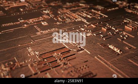 Makroansicht einer Leiterplatte mit Reflexion und Licht. Zukunft und Technologiekonzept. 3D-Rendering – Abbildung Stockfoto