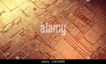 Makroansicht einer Leiterplatte mit Reflexion und Licht. Zukunft und Technologiekonzept. 3D-Rendering – Abbildung Stockfoto