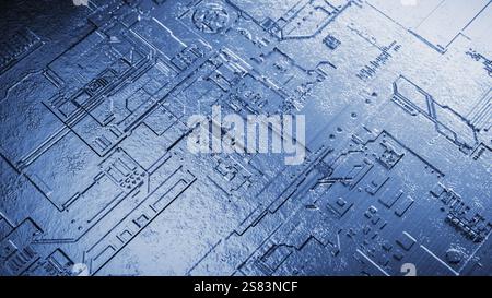 Makroansicht einer Leiterplatte mit Reflexion und Licht. Zukunft und Technologiekonzept. 3D-Rendering – Abbildung Stockfoto