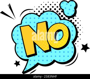 In einer hellblauen Sprechblase, die mit Rasterpunkten verziert ist, sitzen kräftige gelbe Buchstaben, die das Wort nein bilden Stock Vektor