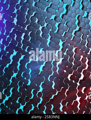 Abstrakter technologischer sechseckiger Hintergrund. Ambientebeleuchtung. Blaue blaue blaue blaue rote Lichter. 3D-Rendering Stockfoto
