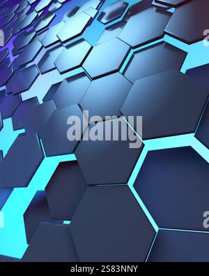 Abstrakter technologischer sechseckiger Hintergrund. Ambientebeleuchtung. Blaue blaue blaue blaue rote Lichter. 3D-Rendering Stockfoto