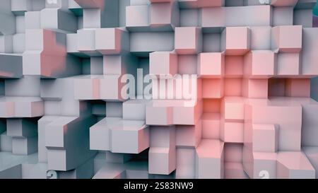 3D-Rendering-Illustration des abstrakten Hintergrunds. Lineare Austragung von Würfeln, Geometriebereich mit bunten Lichtern. Stockfoto