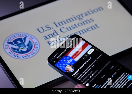 Brüssel, Belgien Januar 2025. Das POTUS X-Konto von Präsident Donald Trump wird auf einem Mobiltelefon angezeigt, wie in dieser Abbildung zu sehen ist. Aufgenommen in Brüssel, Belgien, am 20. Januar 2025. (Jonathan Raa/SIPA USA) *** ausschließlich für redaktionelle Nachrichten *** Credit: SIPA USA/Alamy Live News Stockfoto