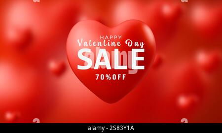 Valentinstag Sale Poster mit realistischem rotem 3D Herz auf verschwommenem Hintergrund Vektor Liebe Geschenkkarte Stock Vektor