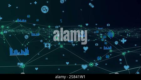 Abbildung des Netzwerks von Verbindungen mit medizinischen Symbolen auf schwarzem Hintergrund Stockfoto