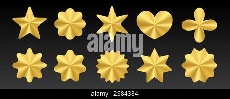 Goldene Aufkleber, goldene Metallic-Etiketten, glänzendes Papierband in verschiedenen Formen. Stock Vektor