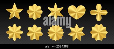 Goldene Aufkleber, goldene Metallic-Etiketten, glänzendes Papierband in verschiedenen Formen. Stock Vektor