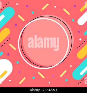 Lebendiger abstrakter Hintergrund mit einem zentralen rosafarbenen Kreis, umgeben von farbenfrohen geometrischen Formen, Linien, Punkten und Kreuzen, wodurch eine dynamische Atmosphäre entsteht Stock Vektor
