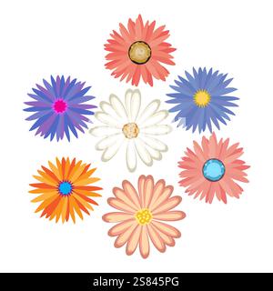Buntes Blumenset. Daisy und Kamille. Dekorative Blumenelemente. Vektorabbildung. Stock Vektor