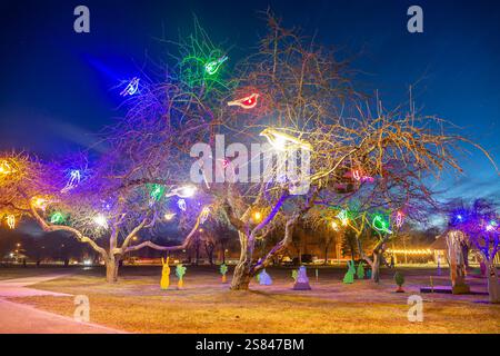 Ein blattloser Baum zeigt leuchtende Neonlichter in Vogelform vor dem Nachthimmel, umgeben von grasbewachsenen Flächen, Skulpturen und schwachen Stadtbauten Stockfoto