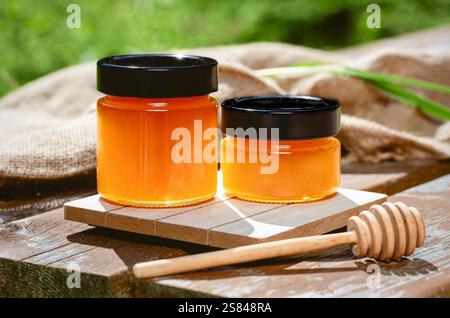 Frischer goldener Honig in einem Glasgefäß, der an einem sonnigen Tag im Freien liegt und seine natürliche Süße unterstreicht. Stockfoto
