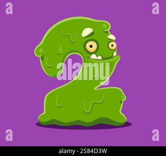 Halloween Schriftart Ziffer 2 zwei gruselige Monster Charakter. Verrückte Fantasy Kreatur Mathe Schriftart Figur oder Zahl, arabisches Zahlensymbol Schleim Monster Vektor Personage oder alberne Halloween Kreatur Ziffer Stock Vektor