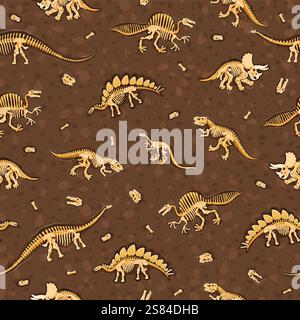 Dinosaurierfossilien nahtloses Muster. Geschenkpapier mit prähistorischen Dinosaurierskeletten. Nahtloser Stoffdruck mit Chasmosaurus-, Lexovisaurus-, Oxalaia- und Tyrannosaurus- und Brachiosaurus-Fossilien Stock Vektor