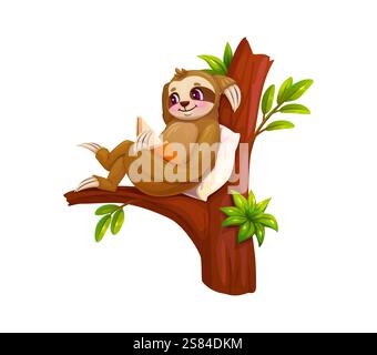Cartoon faules Faultier, lustiger, niedlicher Charakter, der ein Buch liest, während er sich bequem auf einem Baumzweig mit einem Kissen entspannt, vermittelt ein Gefühl der Entspannung, Niedlichkeit, Freizeit und Liebe zum Lesen Stock Vektor