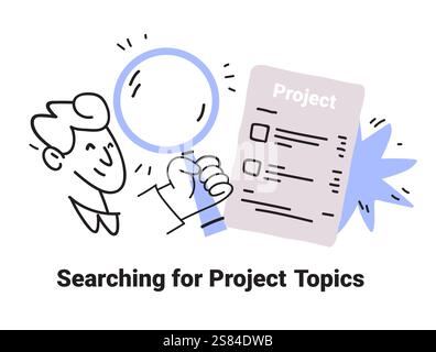Suche nach Projektthemen Konzept handgezeichnet Person mit Lupe Checkliste minimale Designelemente Stock Vektor