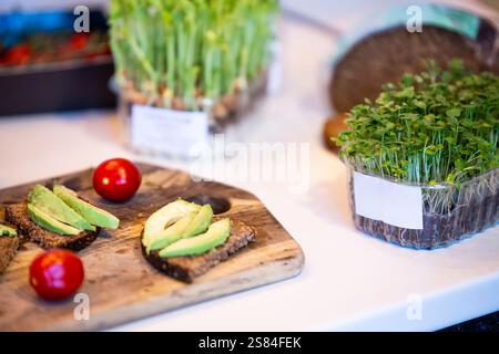 Dunkle Brotscheiben mit Avocado, roten Tomaten und frischem Mikrogrün auf einer weißen Arbeitsplatte, die lebendige Farben und natürliche Texturen hervorheben. Stockfoto