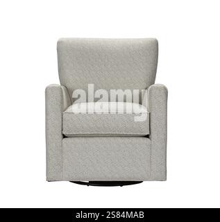 Ein moderner Sessel aus Stoff, weiches Kissen und Clipweg. Der Stuhl ist isoliert auf weißem Hintergrund. Möbel, Innenausstattung, Sessel. Stockfoto