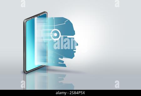 AI Digital Assistant als Smartphone-App als Betriebssystem für künstliche Intelligenz oder persönlicher Roboter-Agent-Helfer mit fortschrittlichem Computing. Stockfoto