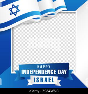 Rahmendesign des Israel Independence Day mit 3D-Flagge für soziale Medien. Gewölbtes Band in den Farben der israelischen Nationalflagge, Bilderrahmen Stock Vektor
