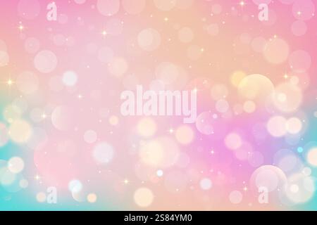 Pinkfarbener, süßer Hintergrund mit Bokeh und Glitzern. Magischer traumhafter Einhornhimmel mit Glitzer und Sternen. Feen-Fantasy-Pastellvektor-Abstufung mit schillernder Wirkung Stock Vektor