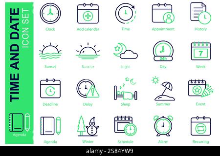Symbolgruppe für Uhrzeit und Datum. Liniensymbolstil. Mit Symbolen Uhr, Nacht, Agenda und mehr. Illustration des Zeitelements-Vektors Stock Vektor