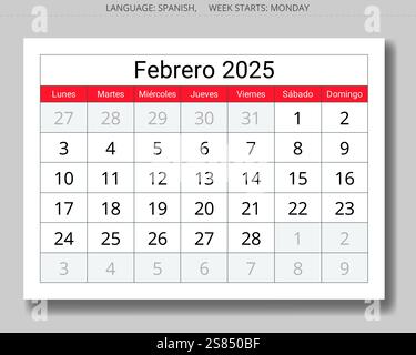 2025 Spanisch Monatskalender februar - febrero. Vektorseite Illustrationen für den Wintermonat für Spanien Stock Vektor