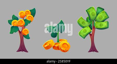 Geldbäume, die isoliert auf dem Hintergrund stehen. Vektor-Karikaturillustration von Goldmünzen und Papierdollar-Scheine, die auf der Anlage wachsen, erfolgreiche Investitionen, Finanzmanagement, Geschäftsentwicklungskonzept Stock Vektor