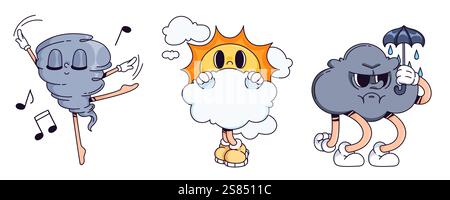 Doodle-Kollektion für Wettercharakter – tanzender Tornado mit musikalischen Noten, scheue Sonne hinter flauschiger Wolke, grummeliger Regenschirm mit Regentropfen. Skurrile meteorologische Maskottchen. Stock Vektor