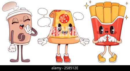 Fastfood-Zeichentrickfiguren-Set - gähnende Kaffeetasse mit Bohnenlogo und Dampf, Peperoni-Pizza-Scheibe mit Sprechblasen, funkelnde Pommes Frites in roter Kartonbox. Kawaii-Maskottchen für Snacks und Getränke. Stock Vektor