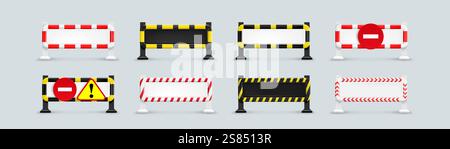 Warnschilder auf dem Hintergrund. Vektorrealistische Darstellung von 3D-Grenzen mit Verkehrsgeschwindigkeits- oder Bewegungseinschränkungen, Vorsicht, Stoppsymbolen, Autobahnsymbolen oder Straßenreparaturstandorten Stock Vektor