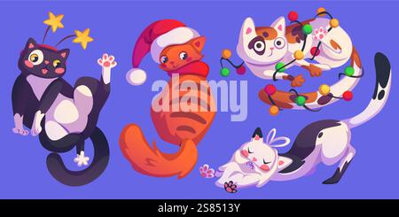 Weihnachtskatzen mit verspielten Weihnachtsfiguren. Cartoon Haustiere - Schwarzes Kätzchen mit Sternen auf dem Kopf, Ingwertier mit Weihnachtsmütze, weiß gepunktete Katze in Girlande, dehnendes Kätzchen mit Bart. Stock Vektor