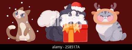 Weihnachtskatzen-Kollektion mit Weihnachtsmotiven - neugieriges Kätzchen, das Schneeflocken mit der Zunge fängt, flauschiges Haustier im weihnachtsmann-Hut mit Geschenkbox, mollige Katze mit Rentier-Stirnband. Süße Weihnachtstiere. Stock Vektor