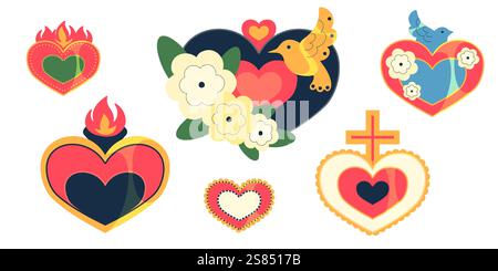 Mexikanisches Deko-Herz mit Kolibri, Blüten und flammenden Spitzen. Heilige religiöse Symbole mit Kreuzen, Vögeln und Blumen. Volkstümliche Elemente für romantische Urlaubskarten oder kulturelle Gestaltung Stock Vektor